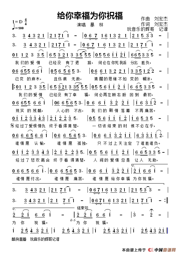 给你幸福为你祝福（暴林）简谱