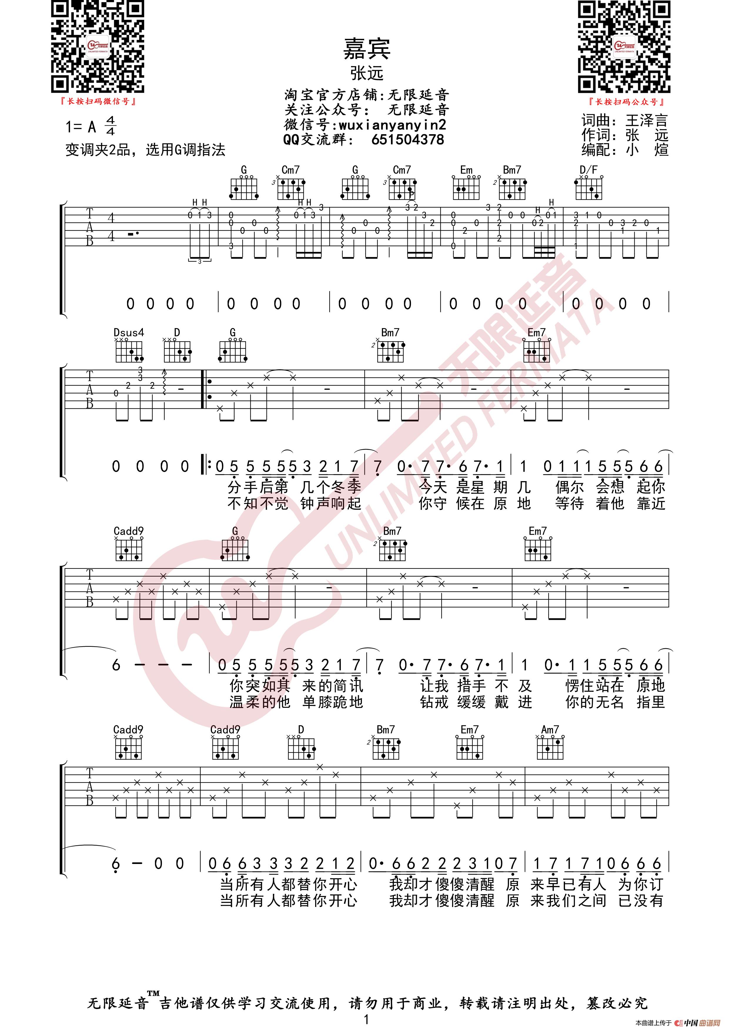 张远 嘉宾 吉他谱（无限延音编配）简谱