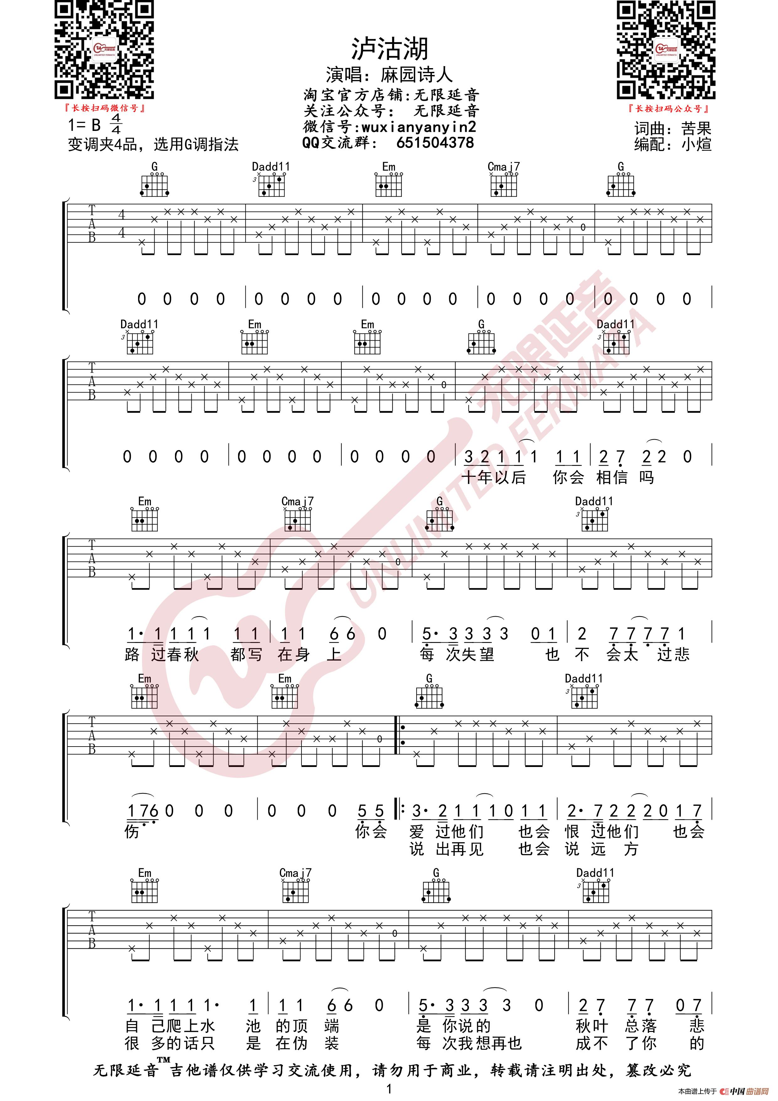 麻园诗人 泸沽湖 吉他谱（无限延音编配）简谱