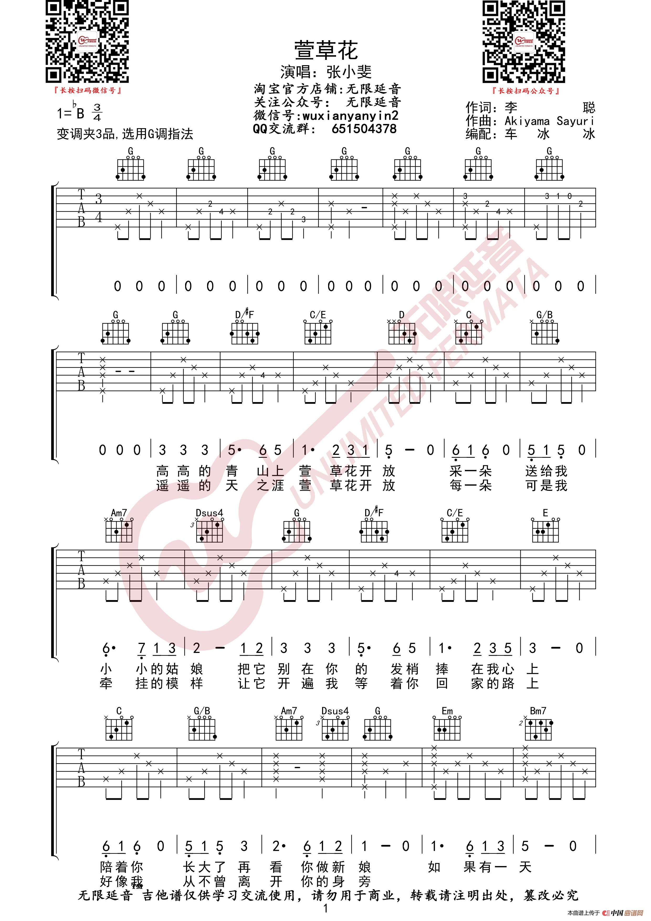 张小斐 萱草花 吉他谱（无限延音编配）简谱