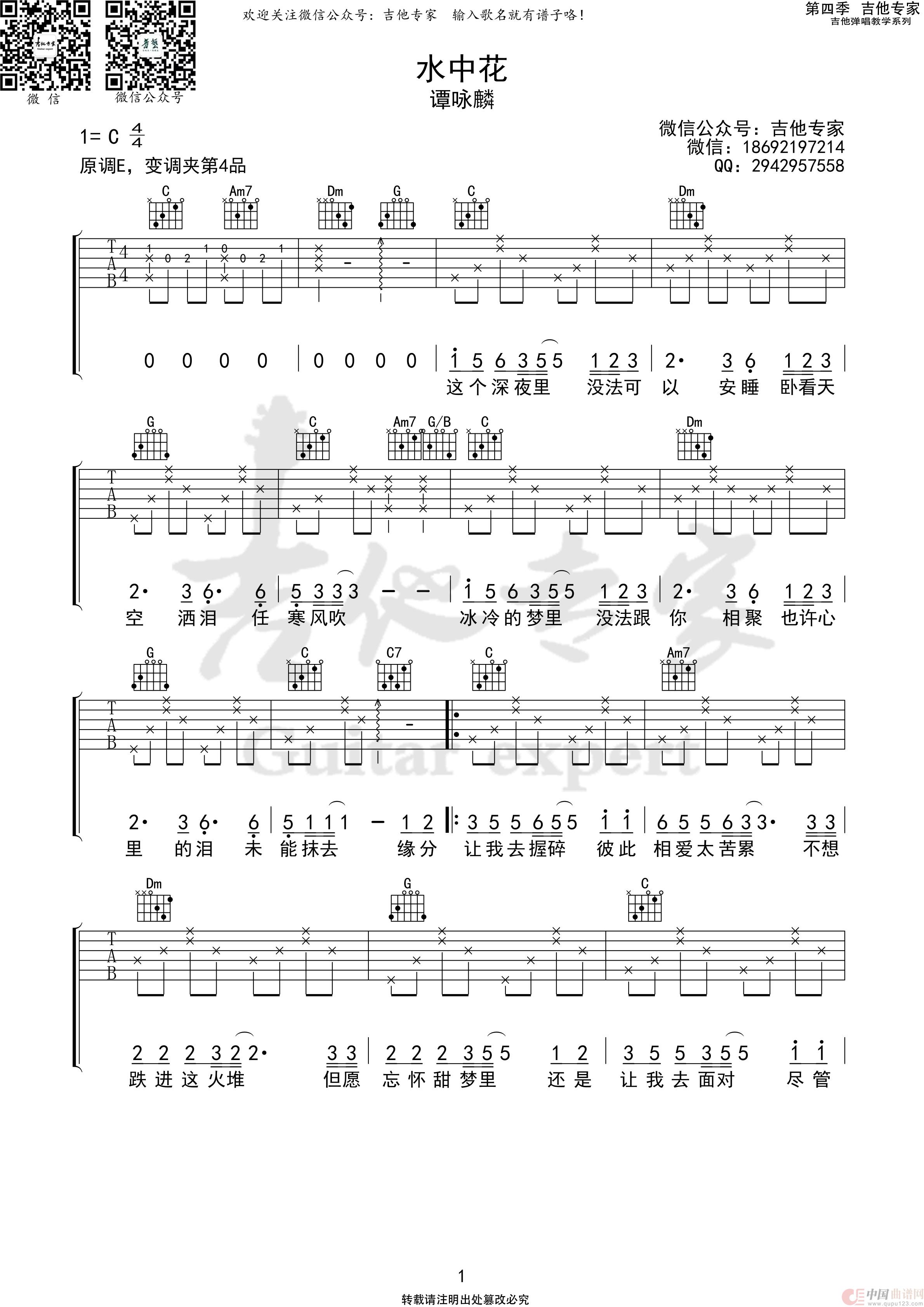 水中花  免费吉他谱简谱