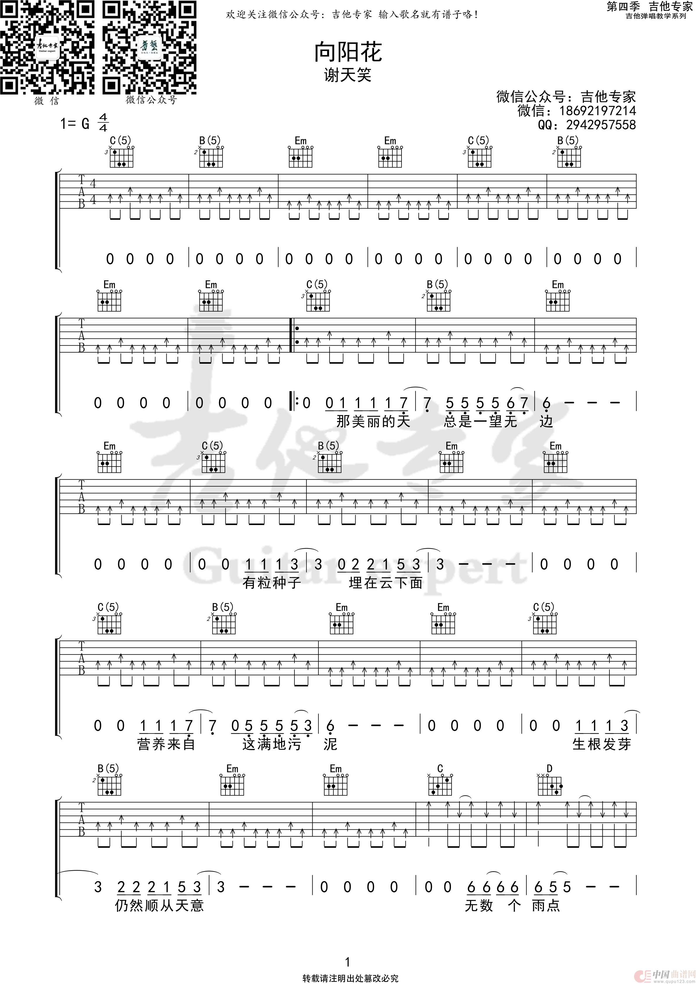 向阳花（免费吉他谱）简谱