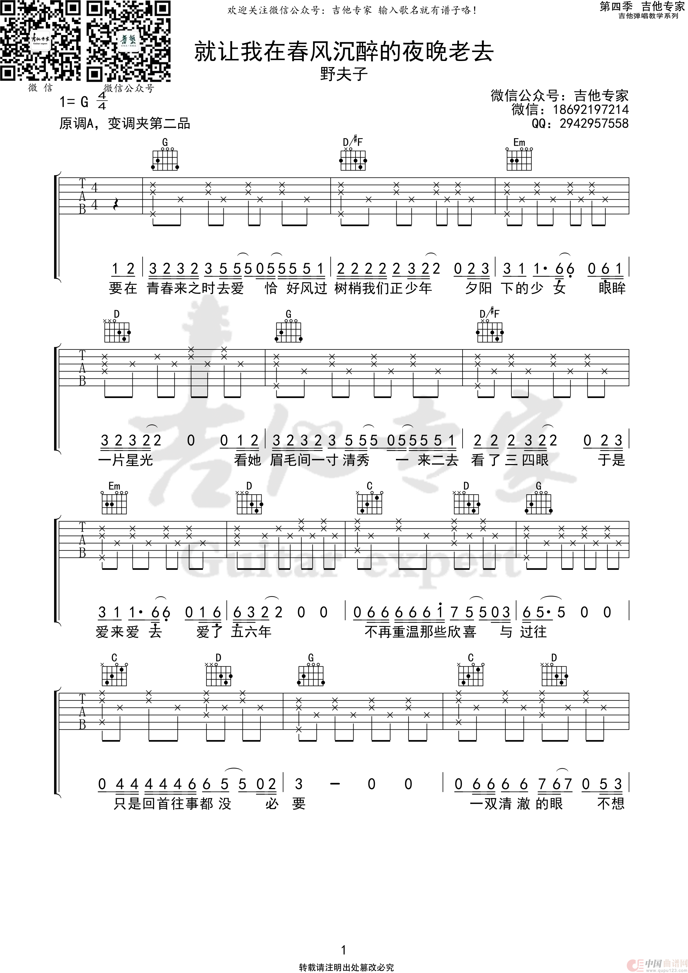 就让我在春风沉醉的夜晚老去（免费吉他谱）简谱