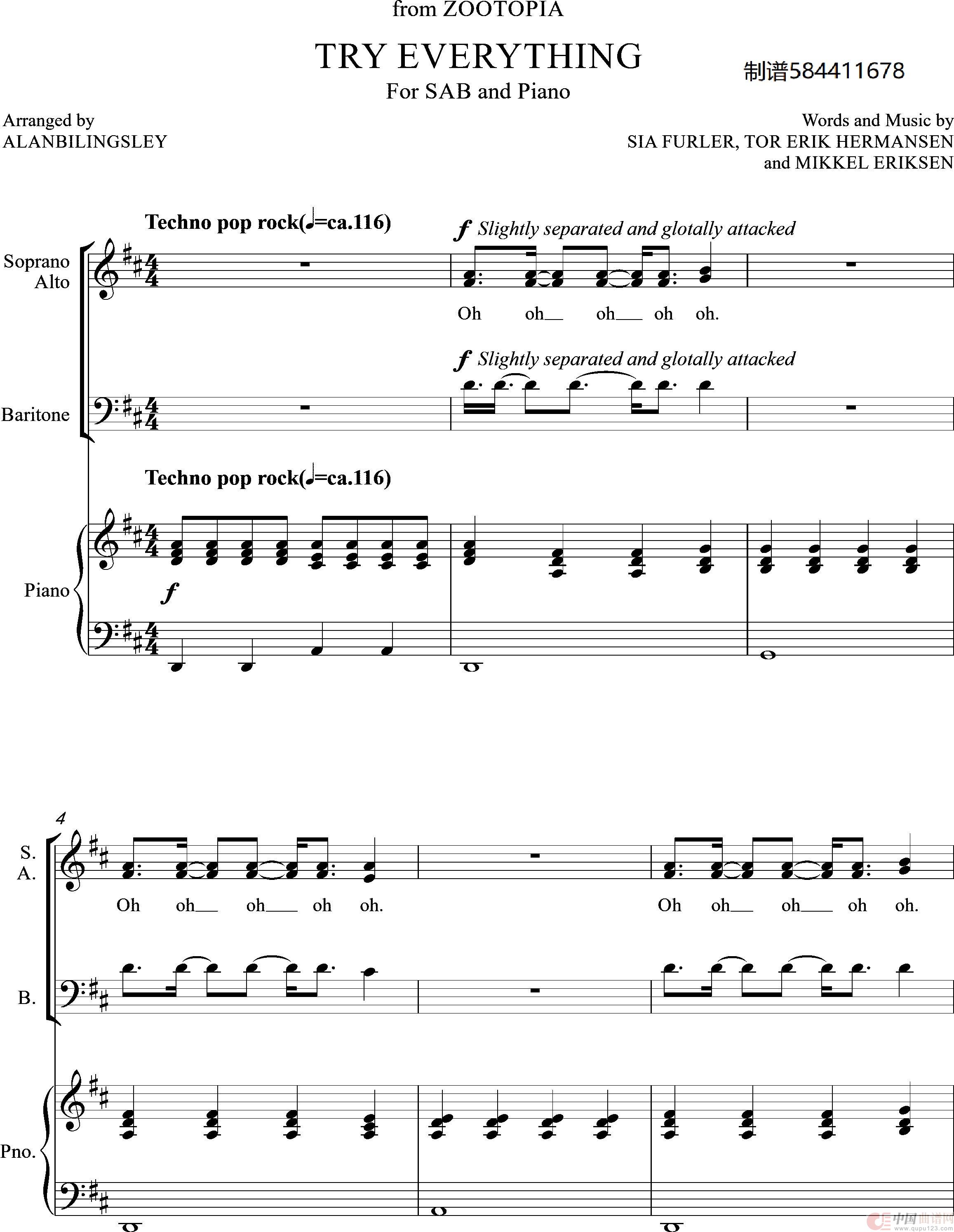 TRY EVERYTHING疯狂动物城三部合唱谱简谱