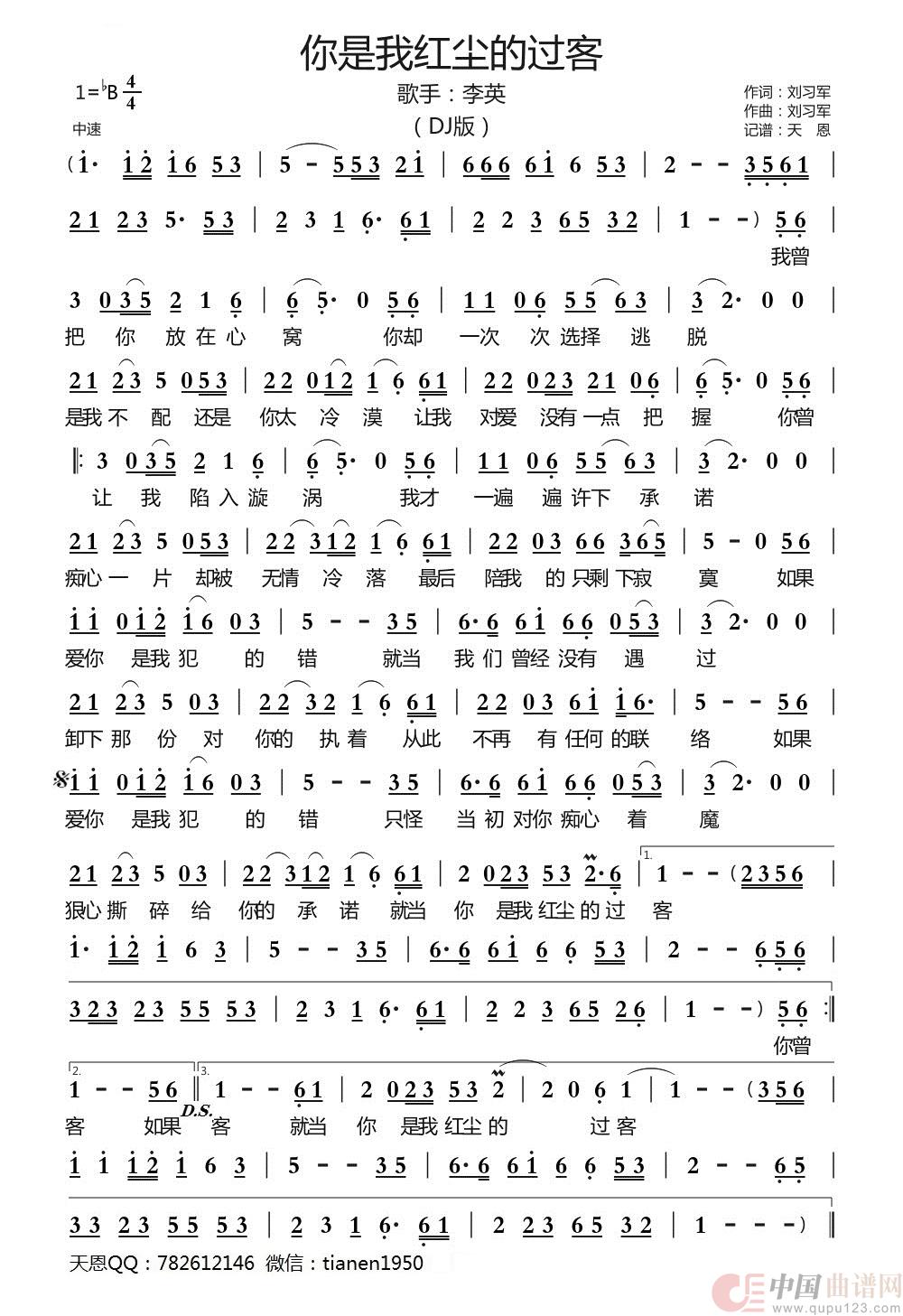 你是我红尘的过客（DJ版）简谱