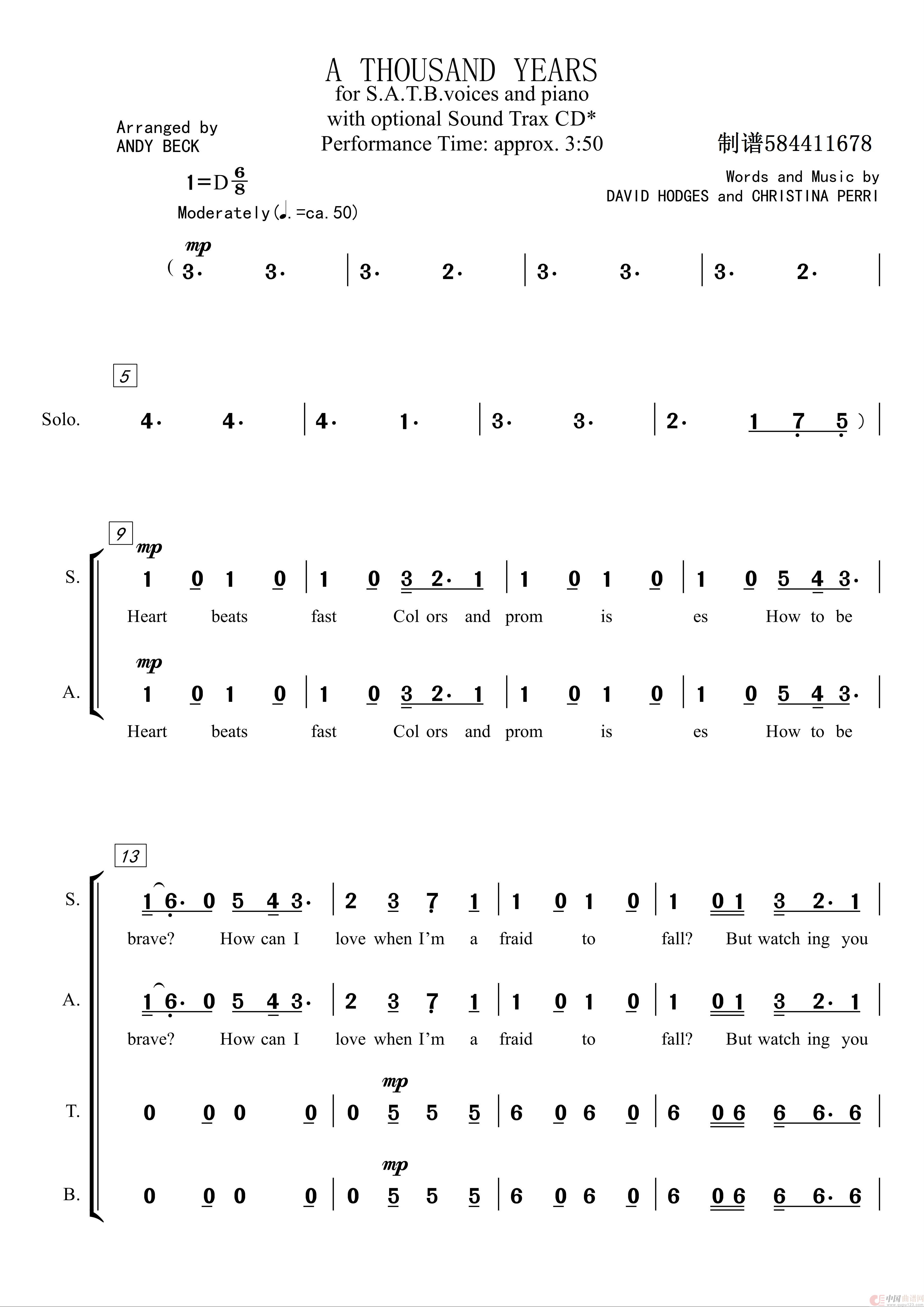 A Thousand Years一千年混声合唱谱简谱