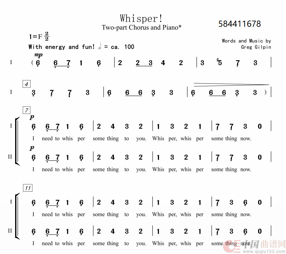 Whisper耳语二声部合唱谱简谱