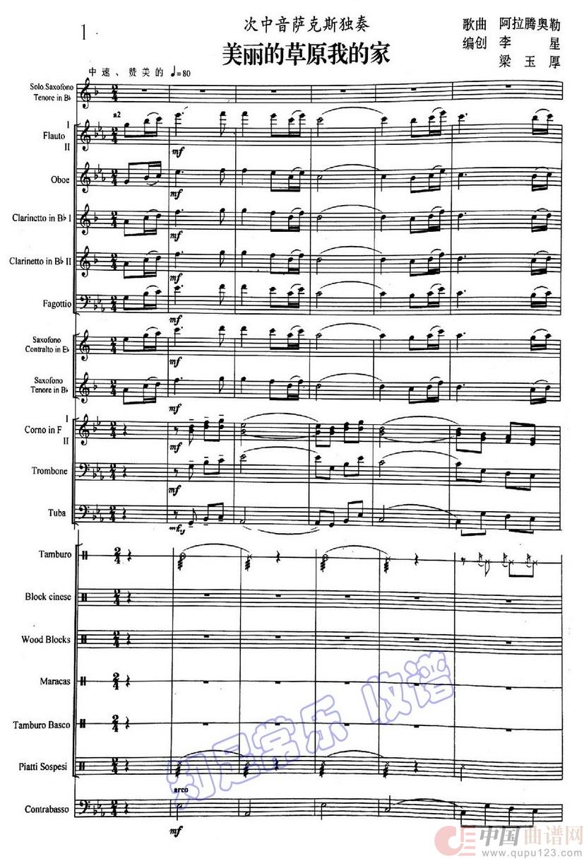 美丽的草原我的家(次中萨克斯与乐队)01-05简谱