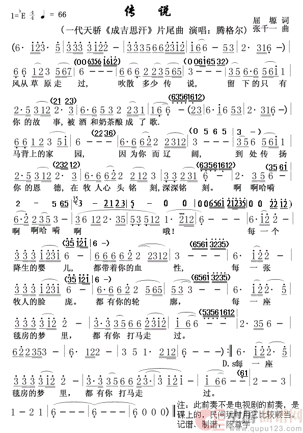 传说(一代天骄《成吉思汗》片尾曲)简谱