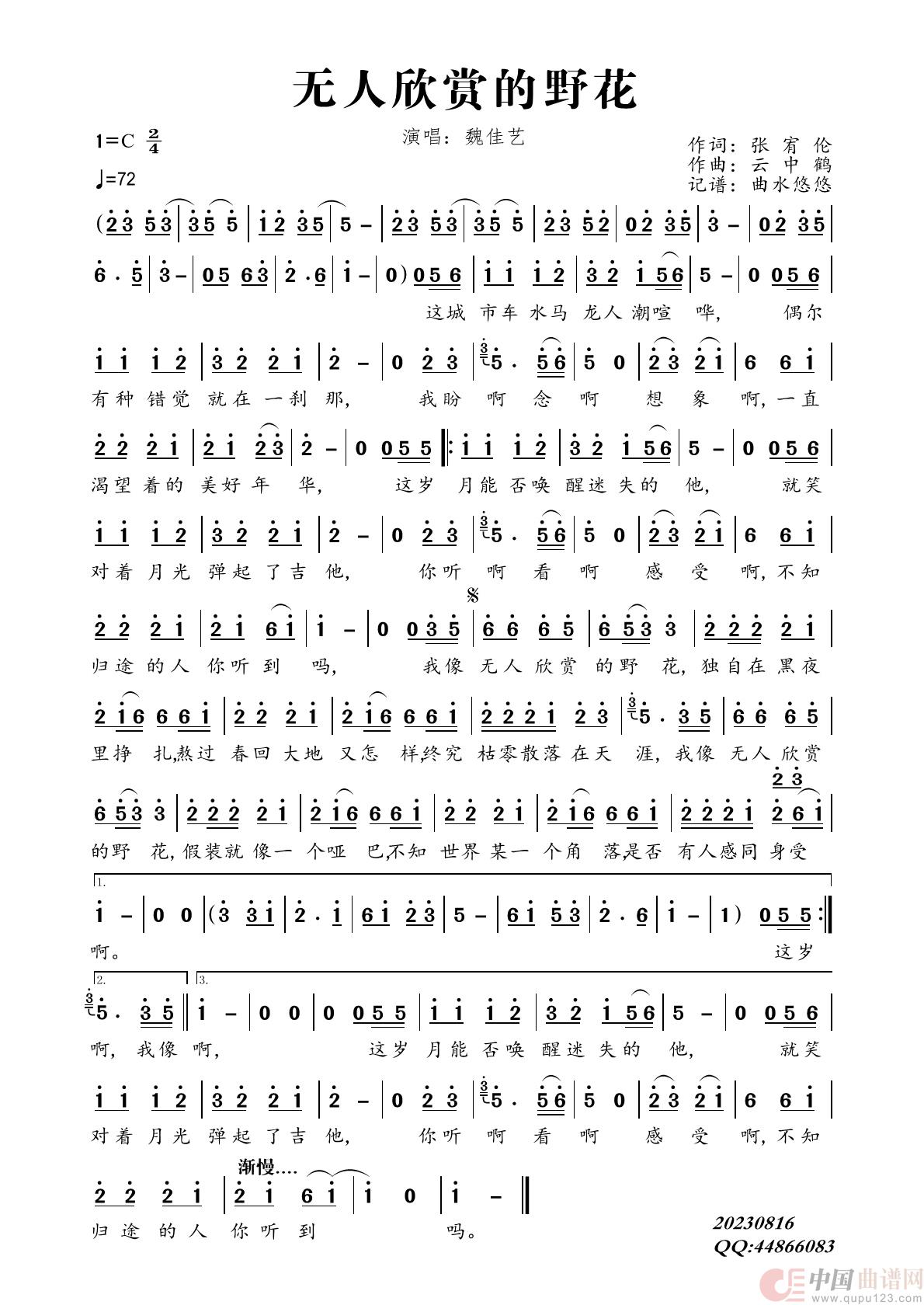 无人欣赏的野花简谱