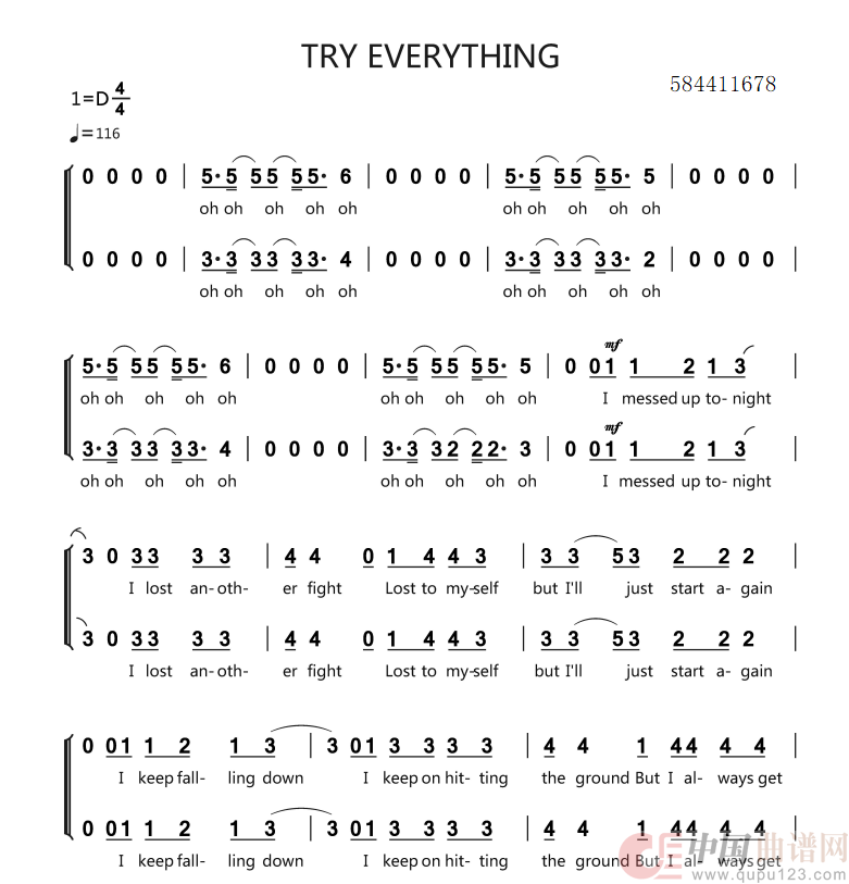try everything 二声部合唱简谱简谱