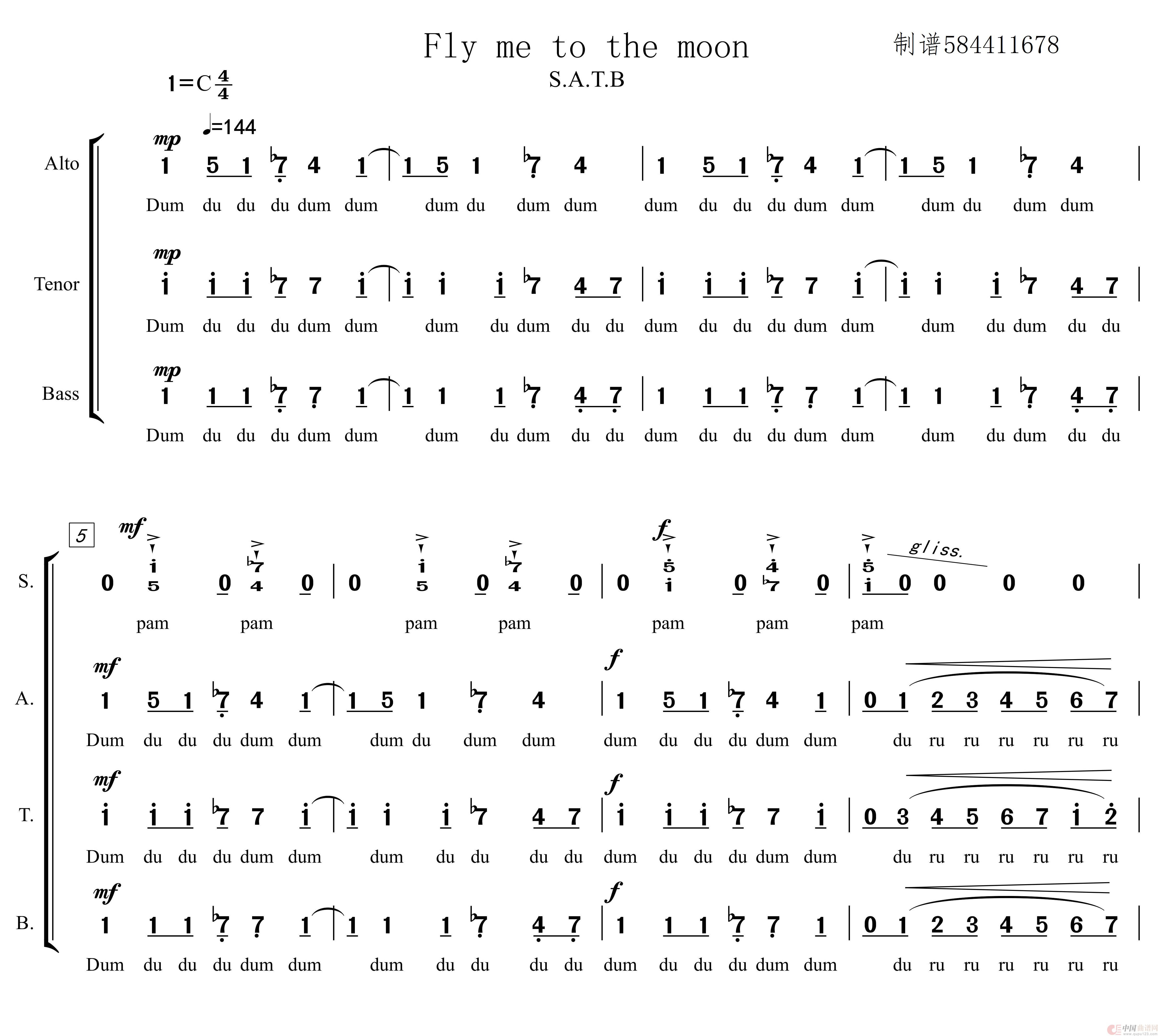 Fly me to the moon奔向月球混声合唱谱简谱