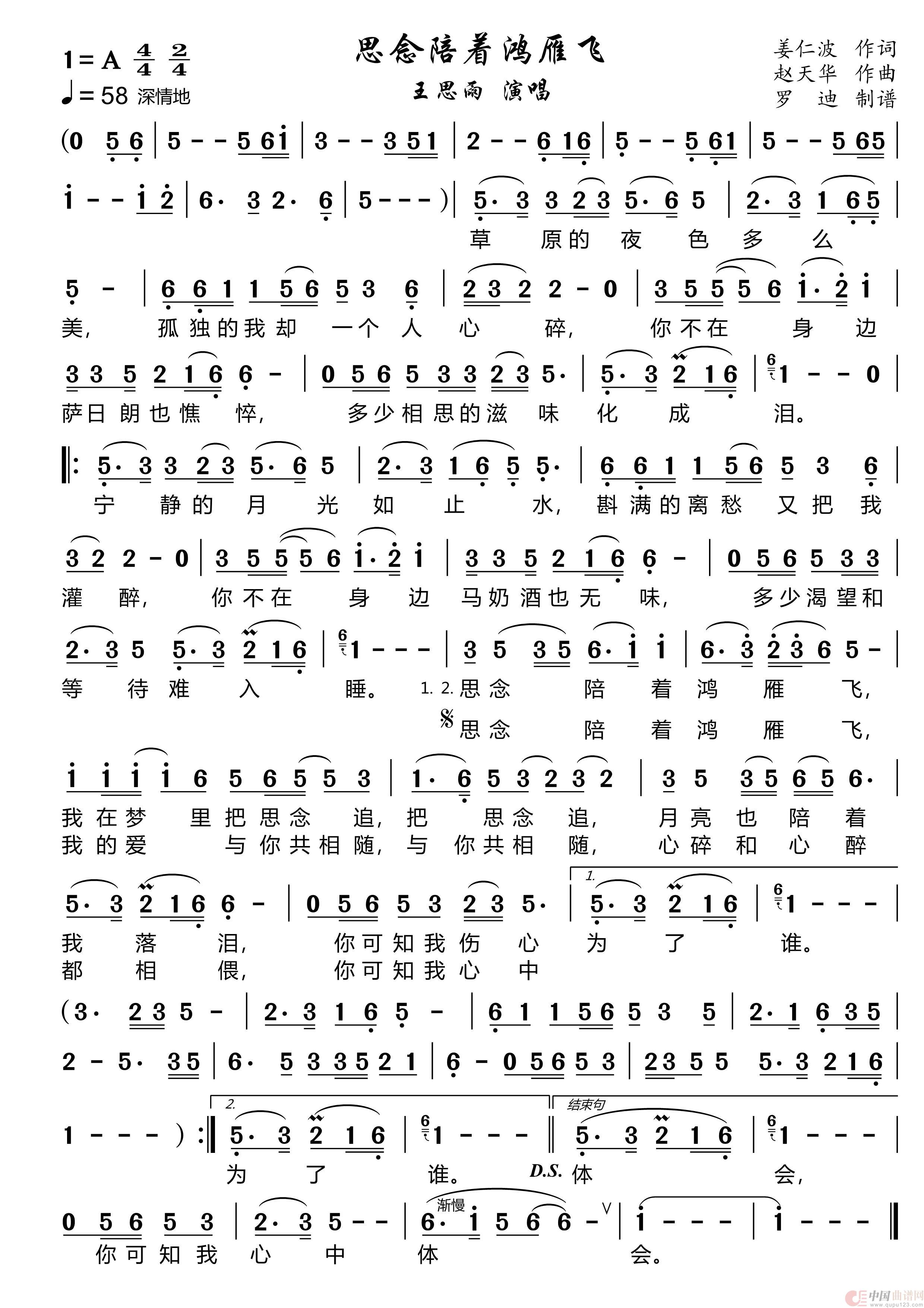 思念陪着鸿雁飞简谱